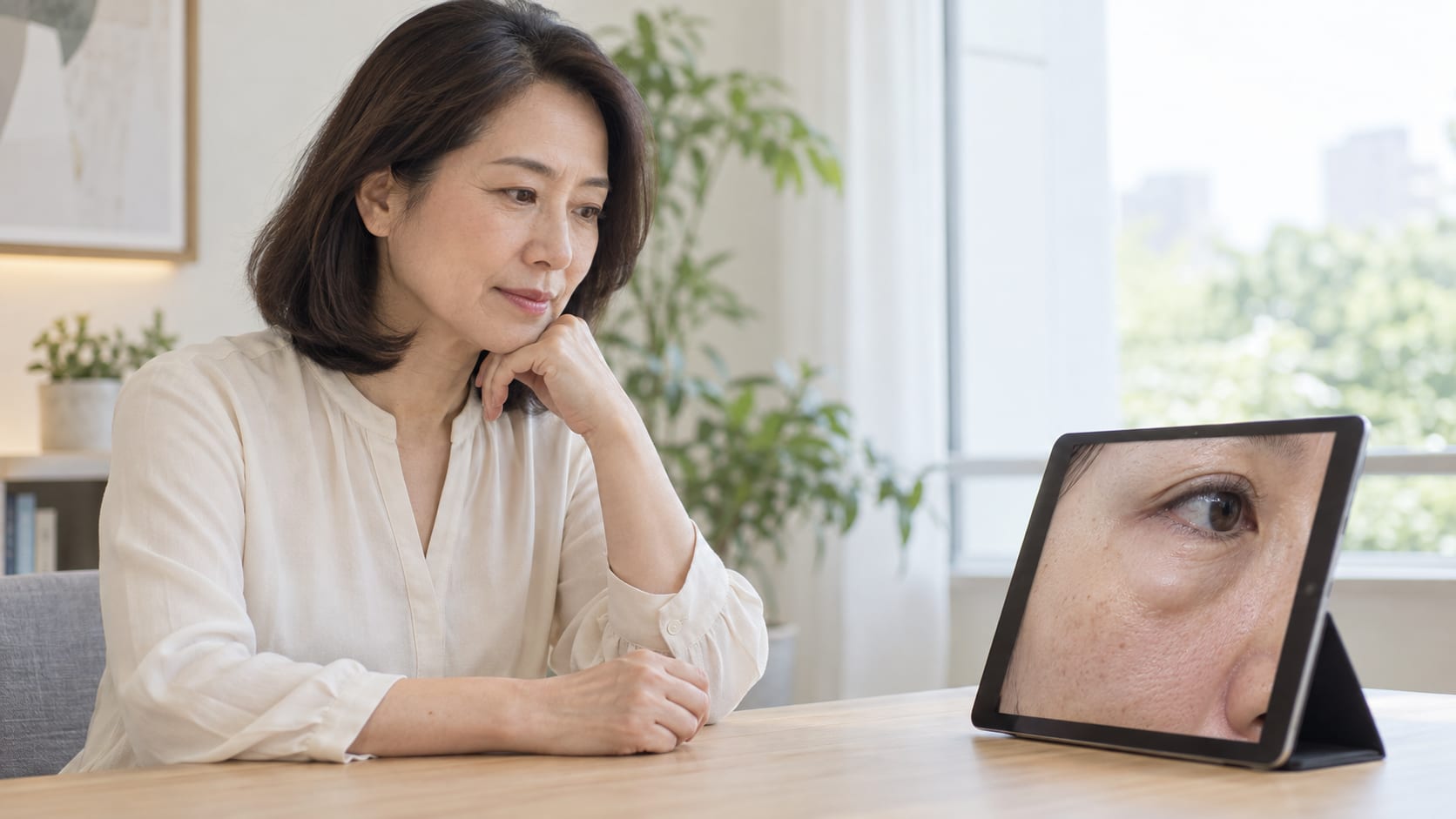 諮詢情境示意:平板呈現臉部局部凸起的輪廓。
