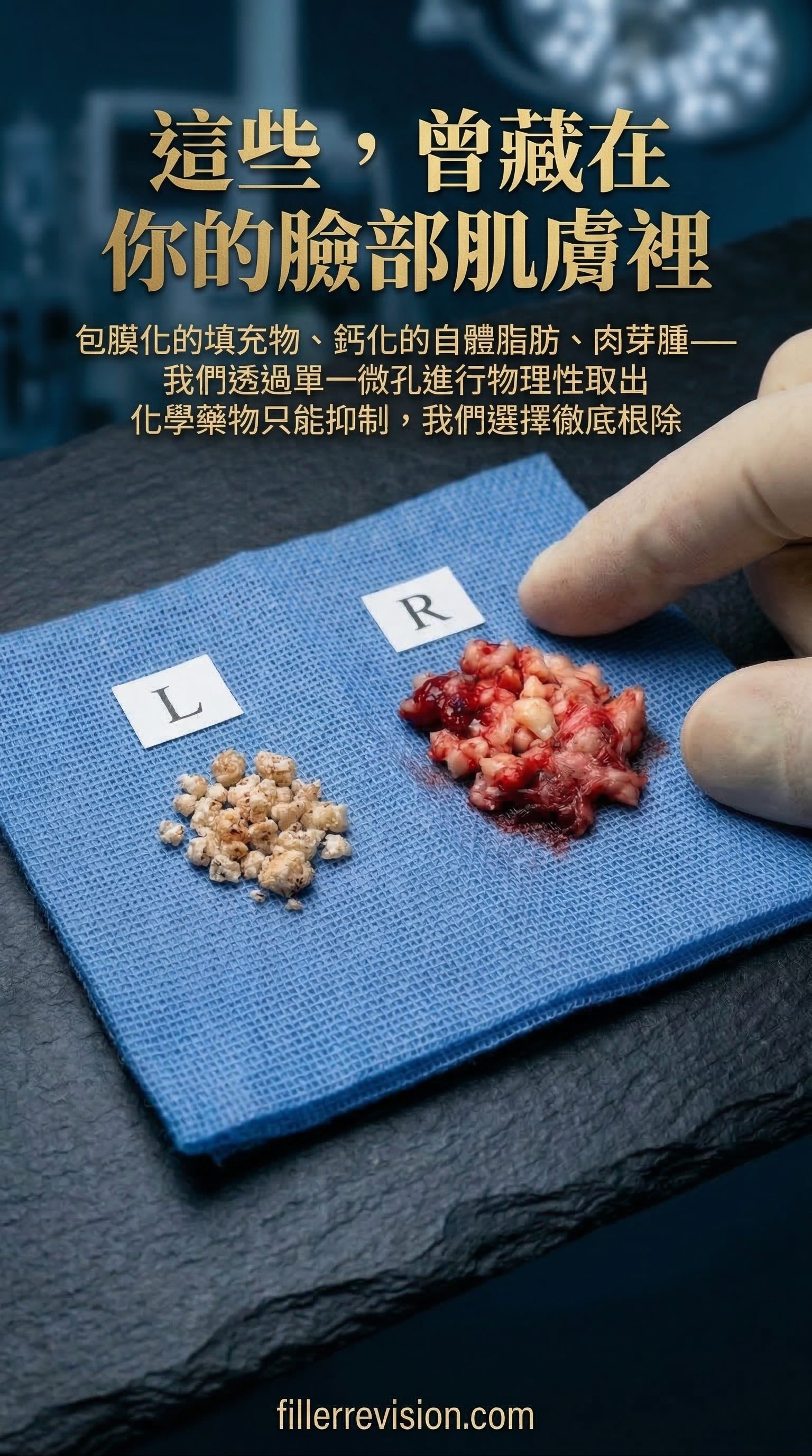 這些,曾藏在你的臉部肌膚裡 — 包膜化的填充物、鈣化的自體脂肪、肉芽腫——我們透過單一微孔進行物理性取出。